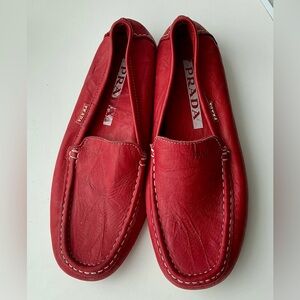 Prada 100% Red Leather Slip-On Loafers Dopamine  Stitching EU39 Y2K Unisex VTG
